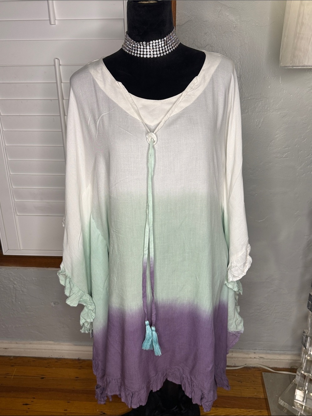 Boho Ombre Tie-Dye Tunic Top - White to Mint to Purple